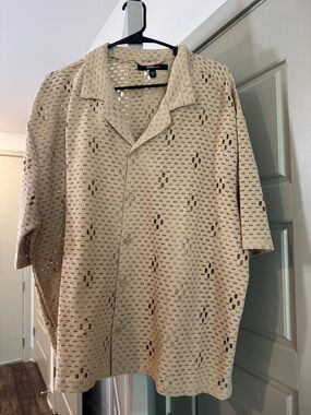 NovaMen Beige Open-Knit Short-Sleeve Camp Shirt Jacket